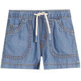 Light blue denim shorts with an elastic waistband, white drawstring, and front patch pockets, shown flat on a white background.
