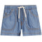 Light blue denim shorts with an elastic waistband, white drawstring, and front patch pockets, shown flat on a white background.