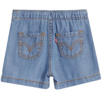Back view of light blue denim shorts with an elastic waistband and two back pockets, featuring contrast orange-brown stitching and a small red Levi's tag on the right pocket.