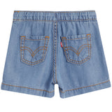 Back view of light blue denim shorts with an elastic waistband and two back pockets, featuring contrast orange-brown stitching and a small red Levi's tag on the right pocket.