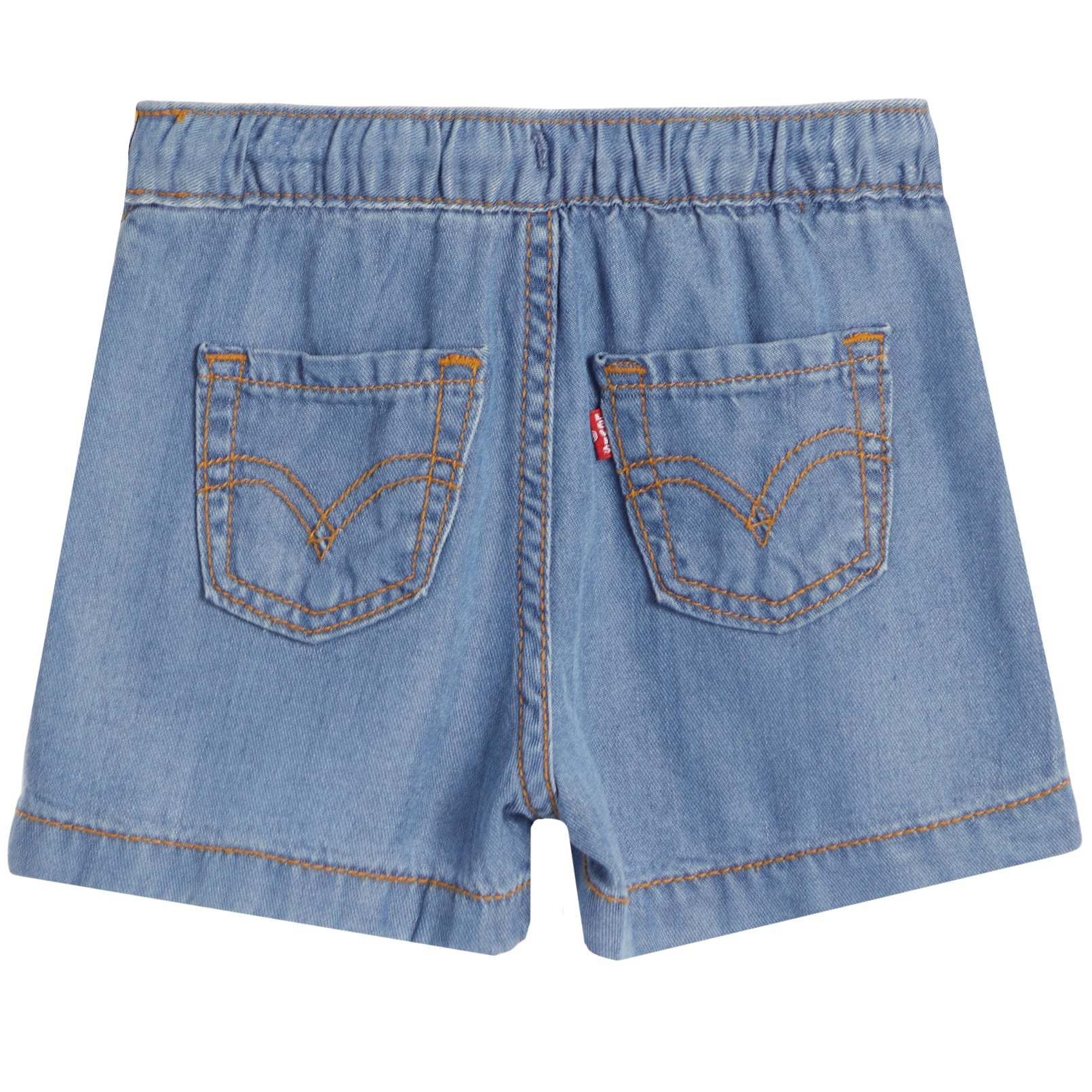 Back view of light blue denim shorts with an elastic waistband and two back pockets, featuring contrast orange-brown stitching and a small red Levi's tag on the right pocket.