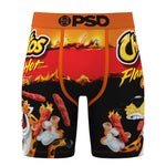PSD men's boxer briefs featuring a vibrant Cheetos Hot Flaming Puffs graphic print. The design includes the Cheetos logo, a cartoon cheetah, and illustrations of flaming corn sticks on a black and red background, with an orange waistband displaying the 'PSD' brand logo.