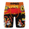 PSD men's boxer briefs featuring a vibrant Cheetos Hot Flaming Puffs graphic print. The design includes the Cheetos logo, a cartoon cheetah, and illustrations of flaming corn sticks on a black and red background, with an orange waistband displaying the 'PSD' brand logo.