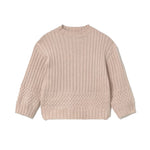 A light beige ribbed knit sweater with textured cable-knit details on the lower body and cuffs, shown flat against a white background.