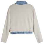 A light beige knit sweater with a contrasting blue denim mock neck collar and a matching frayed hem, shown from the back on a white background.
