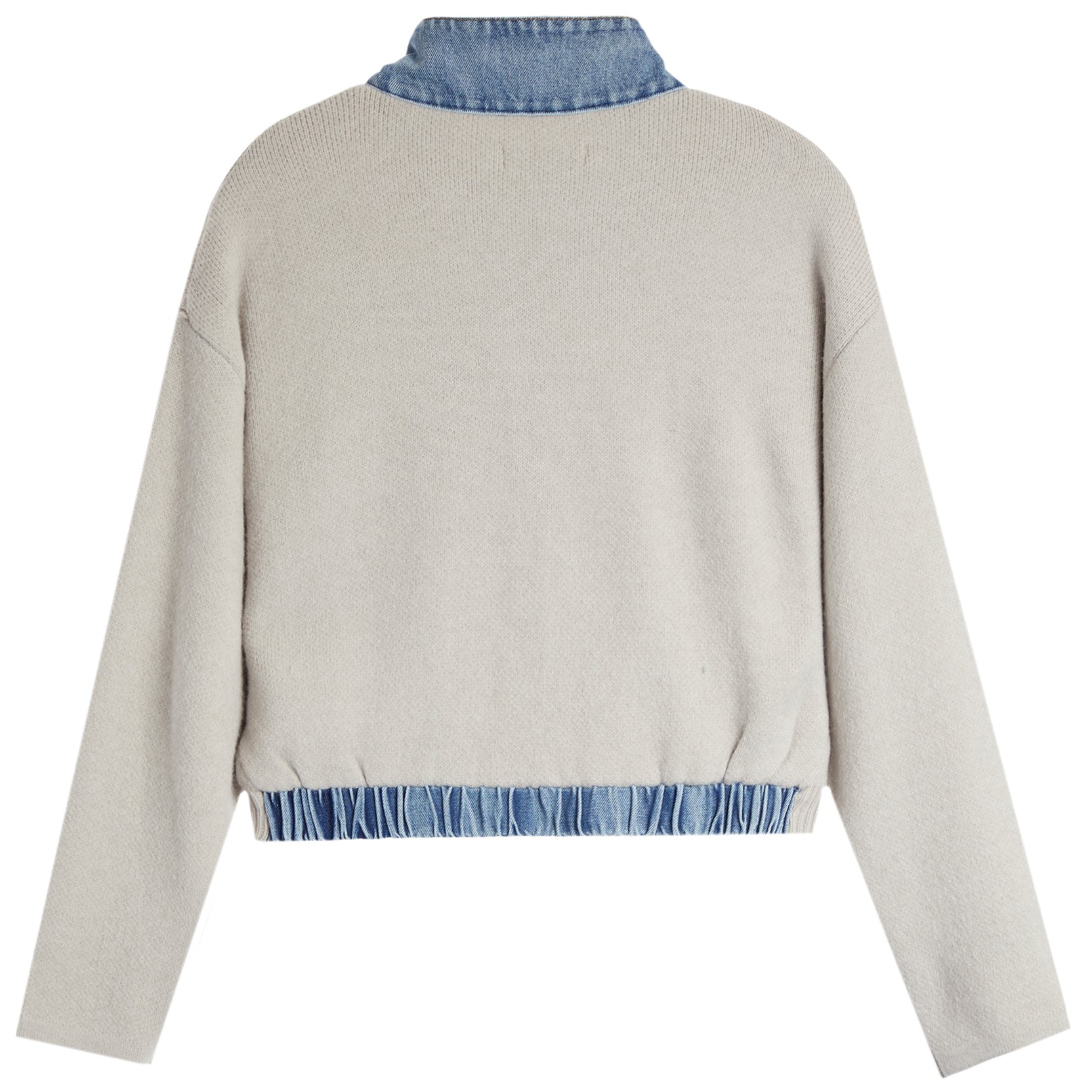 A light beige knit sweater with a contrasting blue denim mock neck collar and a matching frayed hem, shown from the back on a white background.