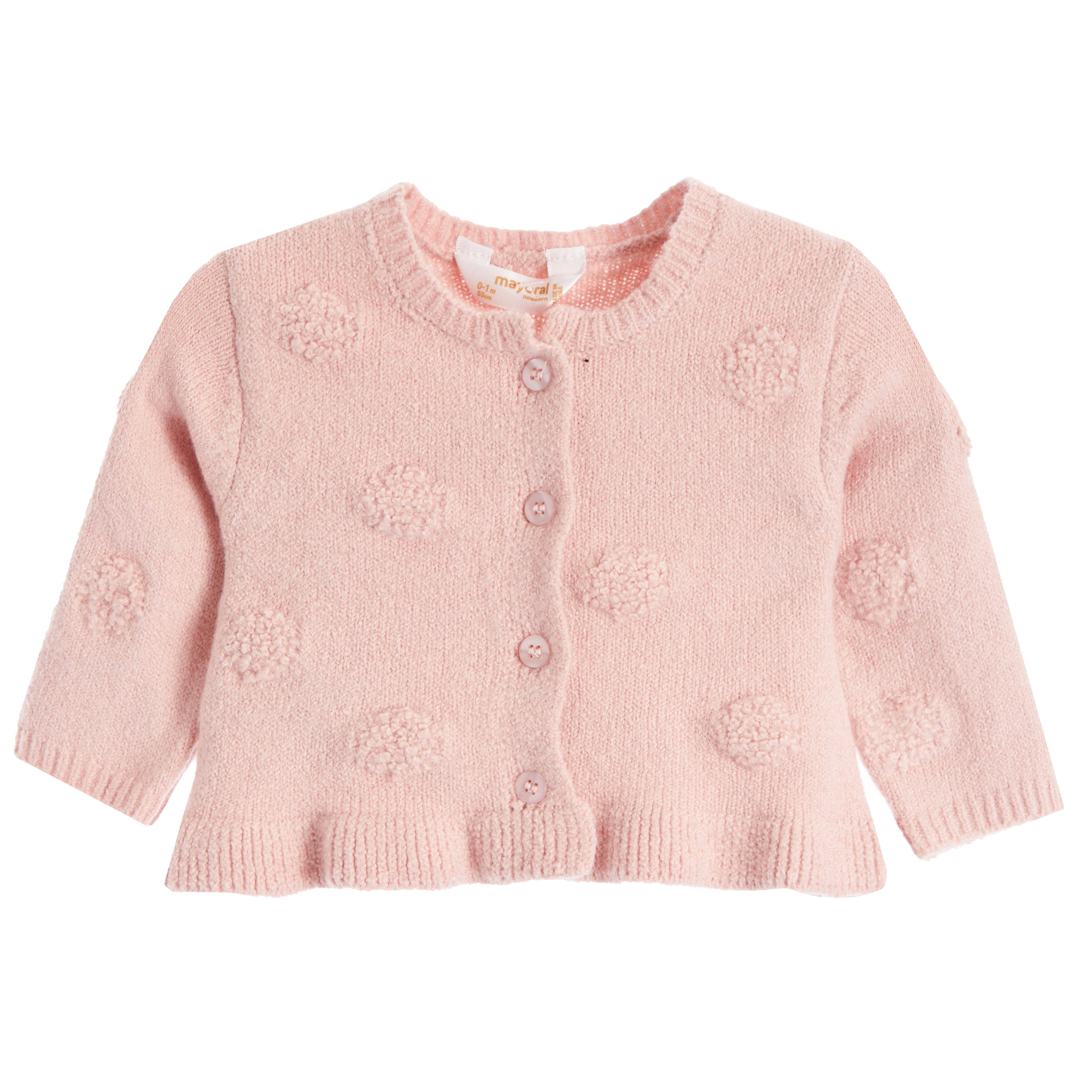 A light pink baby cardigan sweater with textured pom-pom details, buttoned front, and ribbed trim, shown against a plain white background.