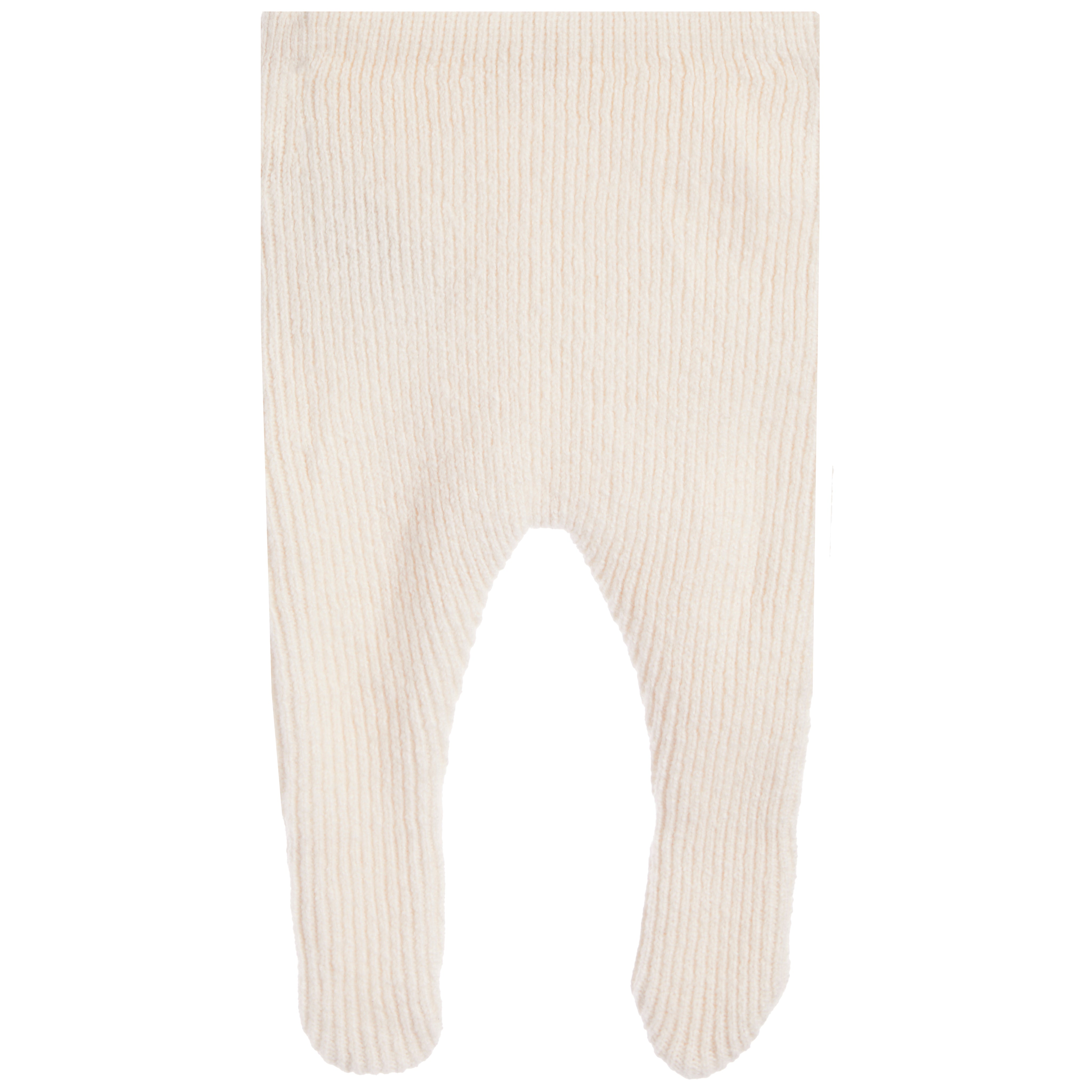 Off-white ribbed knit baby tights with a leg opening, shown flat against a white background.