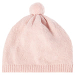 A light pink knit baby's beanie hat with a matching pom-pom on top and a ribbed brim, shown against a plain white background.