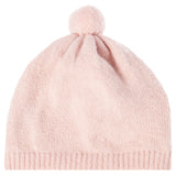 A light pink knit baby's beanie hat with a matching pom-pom on top and a ribbed brim, shown against a plain white background.