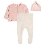 A baby clothing set featuring a light pink long-sleeve cardigan, cream ribbed footed leggings, and a matching pink knit beanie with a pom-pom at the top, displayed on a solid white background.