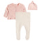 A baby clothing set featuring a light pink long-sleeve cardigan, cream ribbed footed leggings, and a matching pink knit beanie with a pom-pom at the top, displayed on a solid white background.