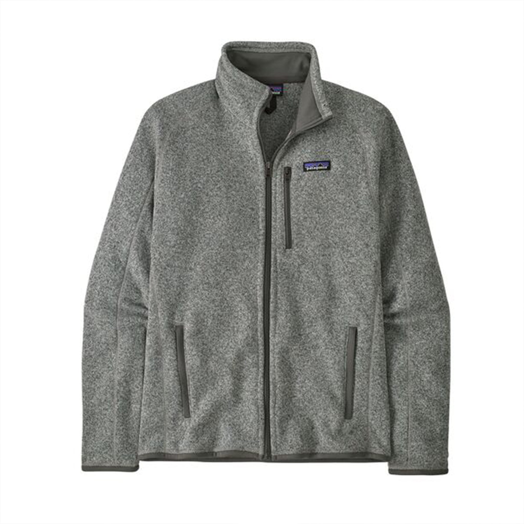 A gray heather fleece jacket with a full-zip front, stand-up collar, and zippered hand pockets, shown on a plain white background. The Patagonia logo is visible on the left chest.