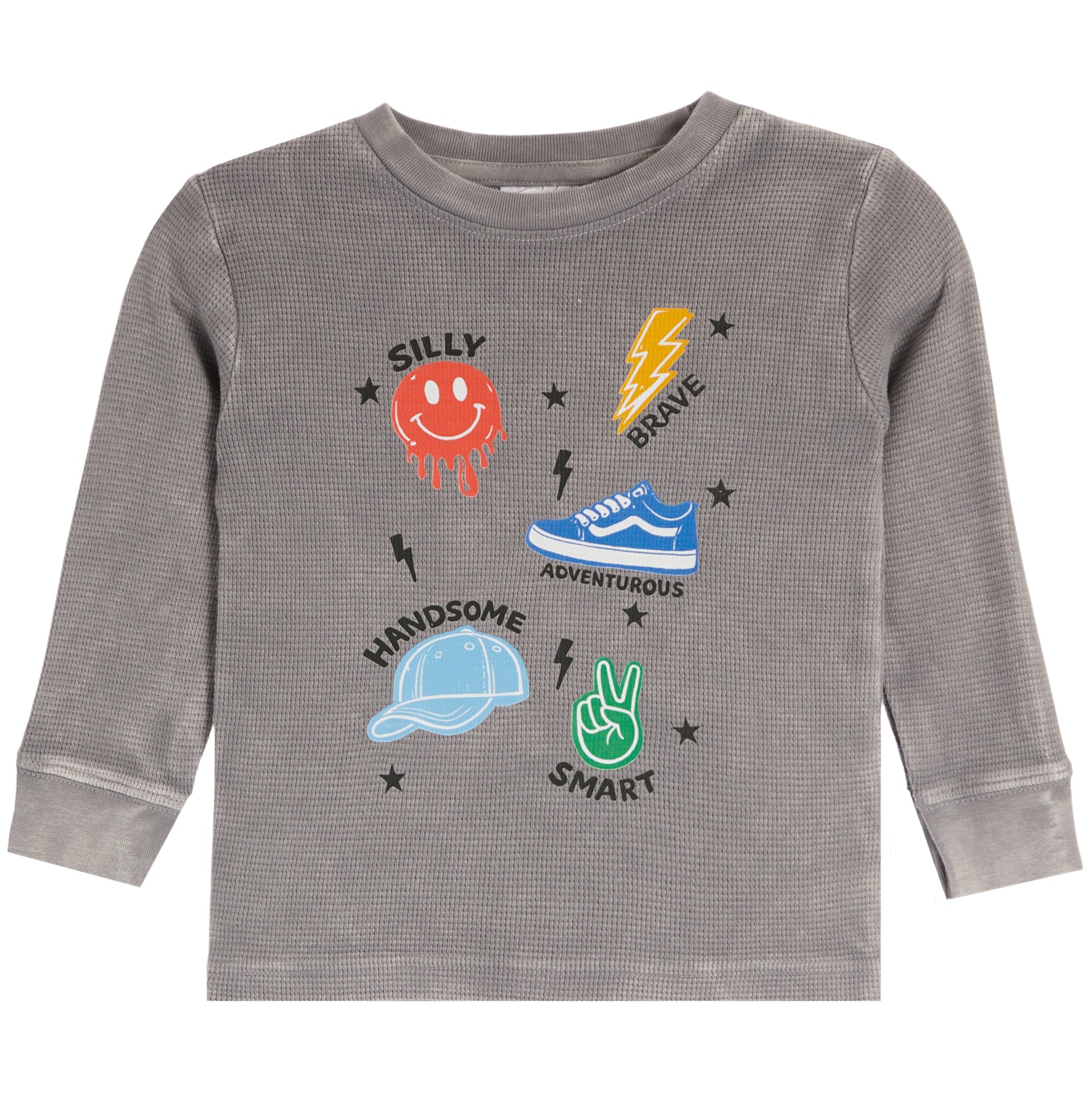 A toddler's long-sleeve waffle-knit shirt in heather gray, featuring a colorful graphic print with a red smiley face, blue sneaker, green peace sign, and other cartoon-style icons with text.