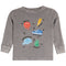 A toddler's long-sleeve waffle-knit shirt in heather gray, featuring a colorful graphic print with a red smiley face, blue sneaker, green peace sign, and other cartoon-style icons with text.