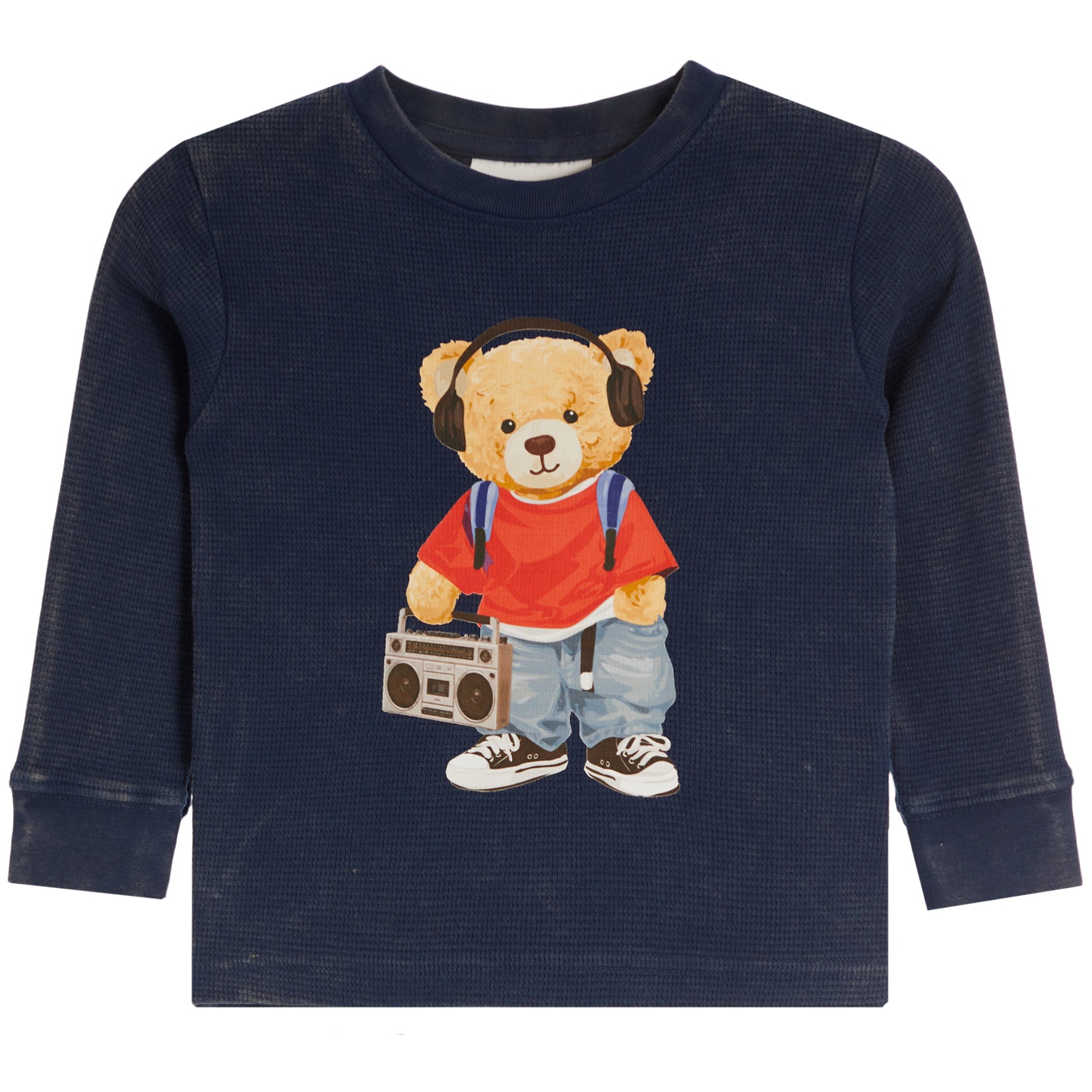 A navy blue long-sleeve waffle-knit shirt for a toddler, featuring a graphic of a teddy bear wearing a red t-shirt, blue jeans, headphones, and holding a boombox.