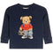 A navy blue long-sleeve waffle-knit shirt for a toddler, featuring a graphic of a teddy bear wearing a red t-shirt, blue jeans, headphones, and holding a boombox.