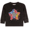 A black ribbed long-sleeve crewneck shirt featuring a large colorful star graphic on the front. The star has a blue, red, and yellow paint-drip design surrounding a black and white checkered center.