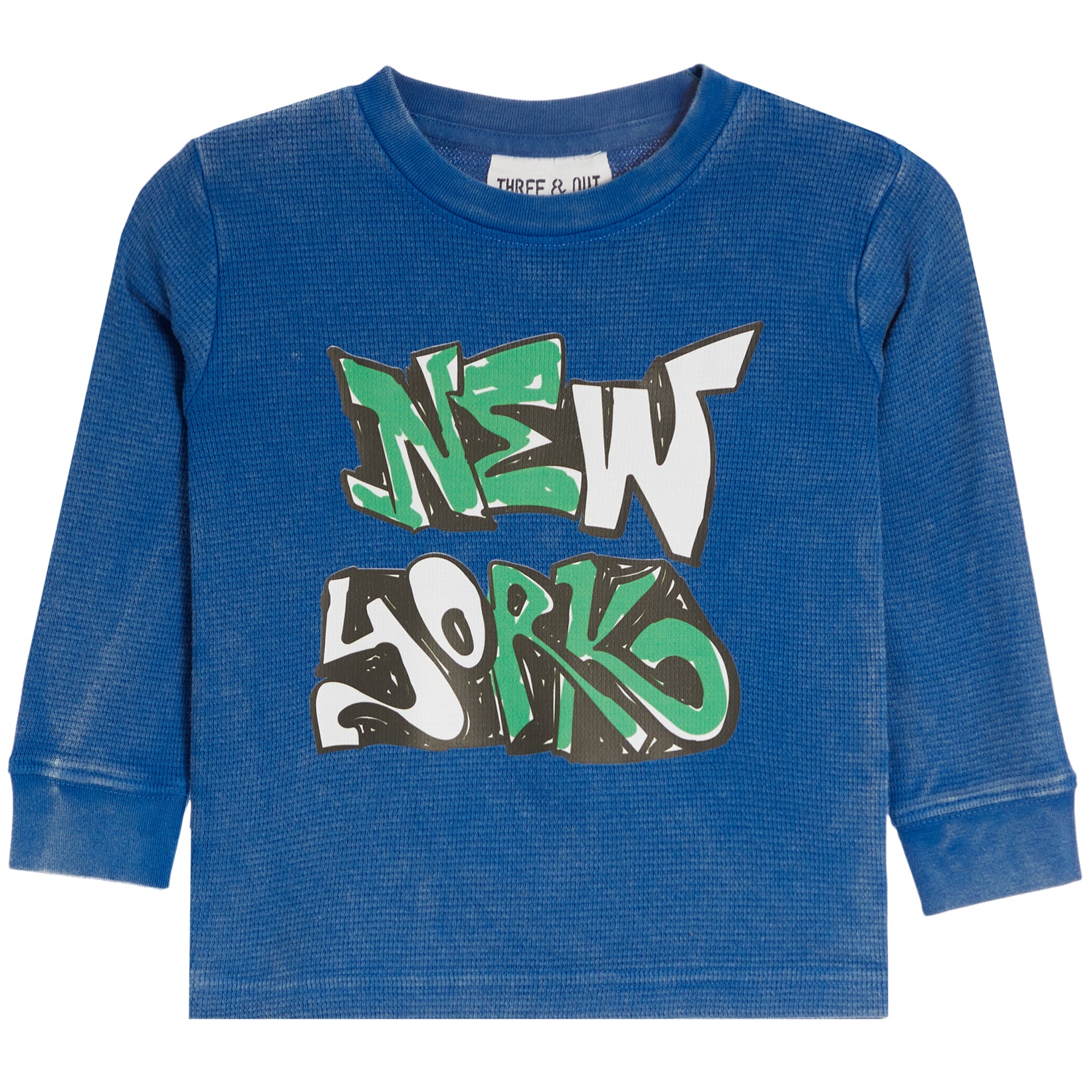 A blue long-sleeve waffle-knit shirt for toddlers, featuring a colorful 'NEW YORK' graphic on the front in green, white, and black.