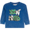 A blue long-sleeve waffle-knit shirt for toddlers, featuring a colorful 'NEW YORK' graphic on the front in green, white, and black.