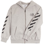 A light heather gray zip-up hoodie with black diagonal stripe graphics on both sleeves and 'L/AB' branding on the chest, shown against a plain white background.