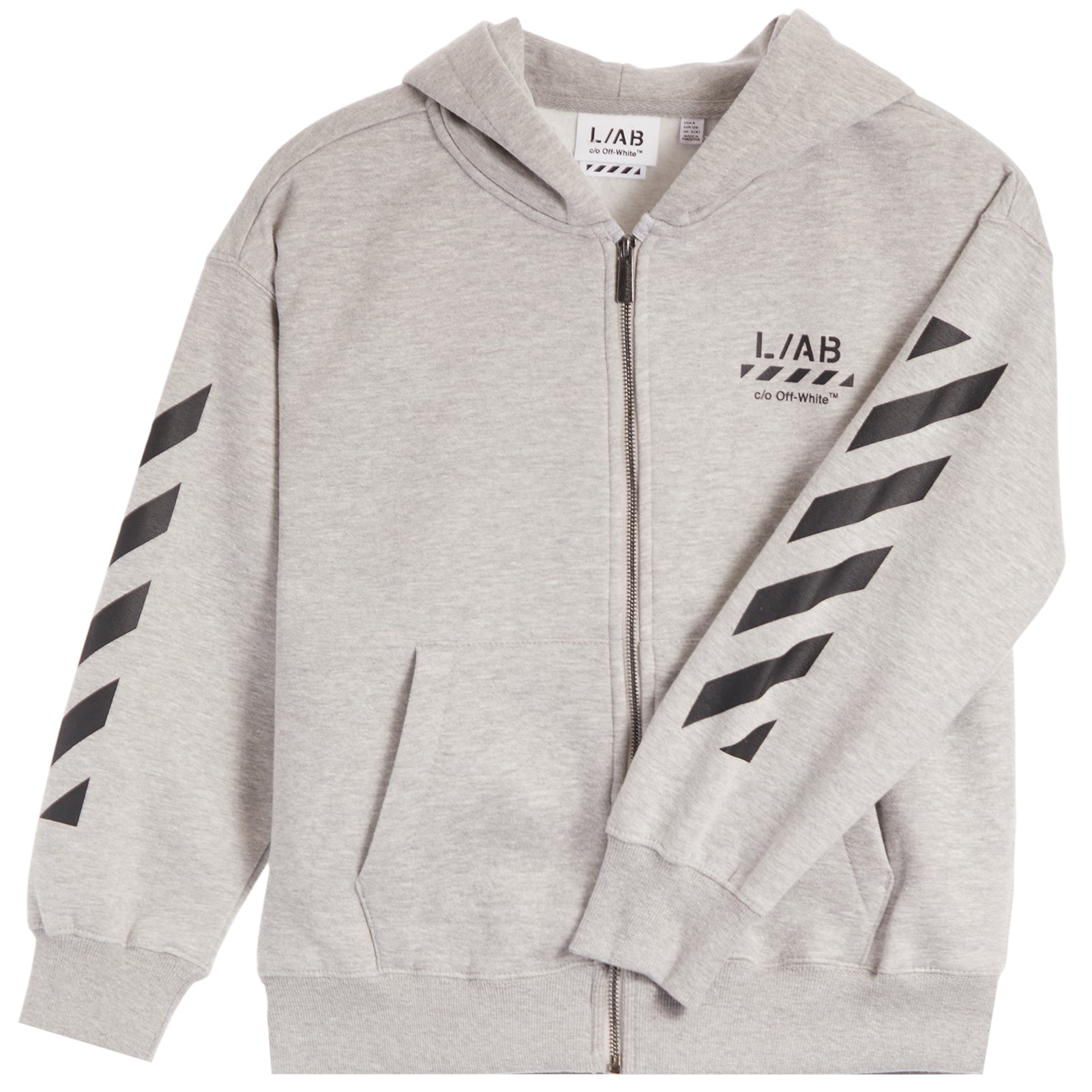 A light heather gray zip-up hoodie with black diagonal stripe graphics on both sleeves and 'L/AB' branding on the chest, shown against a plain white background.