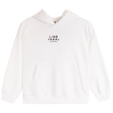 A white pullover hoodie with a black 'L/AB' logo and 'UNLEASHIMSELF' text printed on the center chest, displayed on a clean white background.