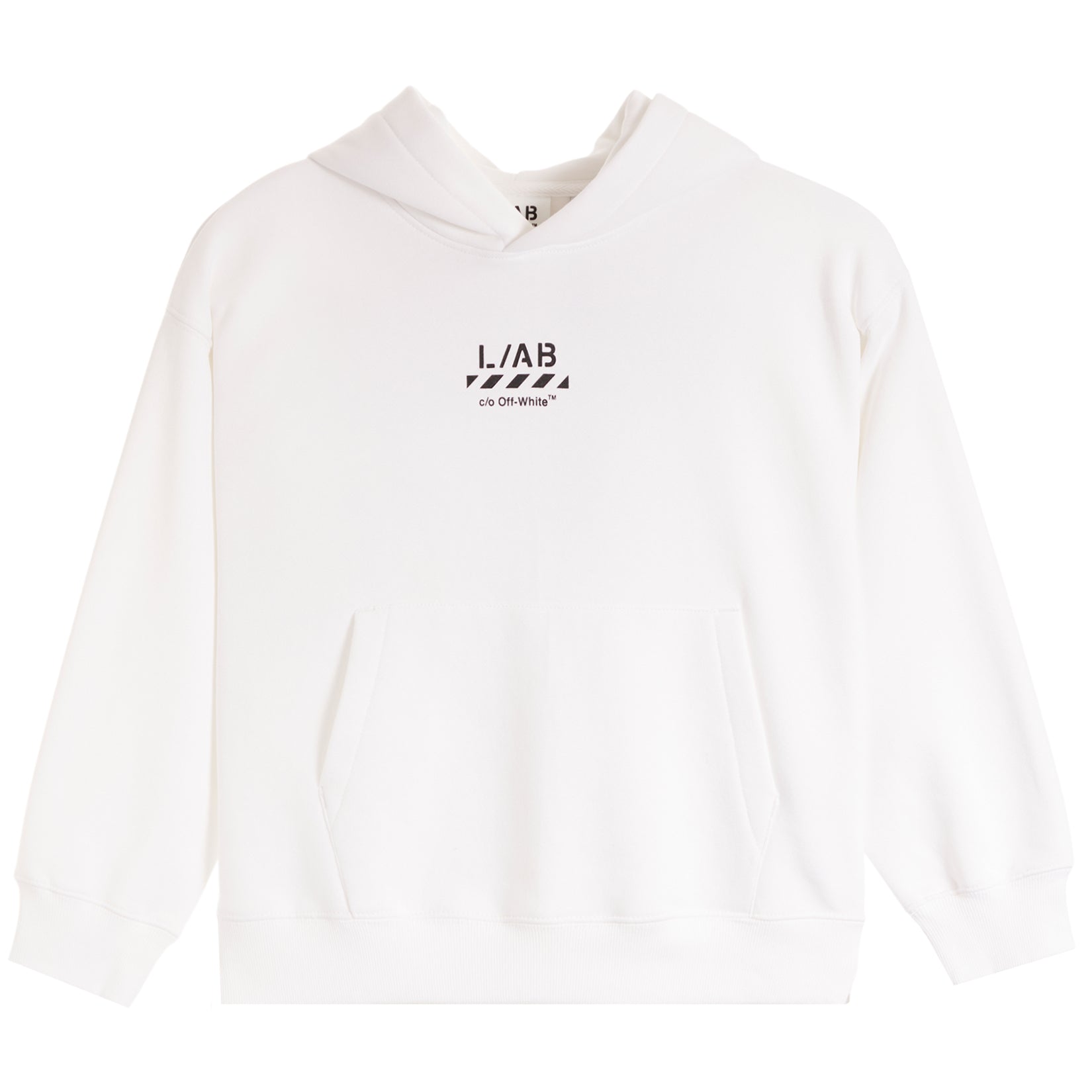 A white pullover hoodie with a black 'L/AB' logo and 'UNLEASHIMSELF' text printed on the center chest, displayed on a clean white background.