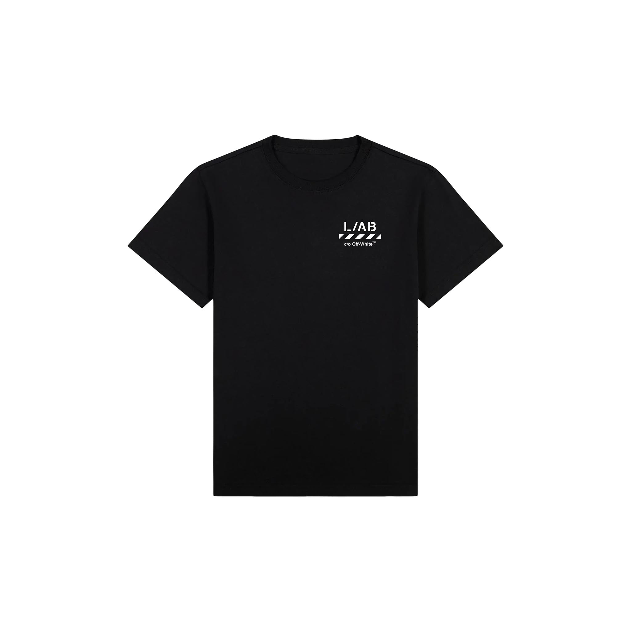 A black short-sleeve crewneck t-shirt with a small white graphic on the left chest reading 'L/AB' and 'EST. 2024', displayed on a solid white background.