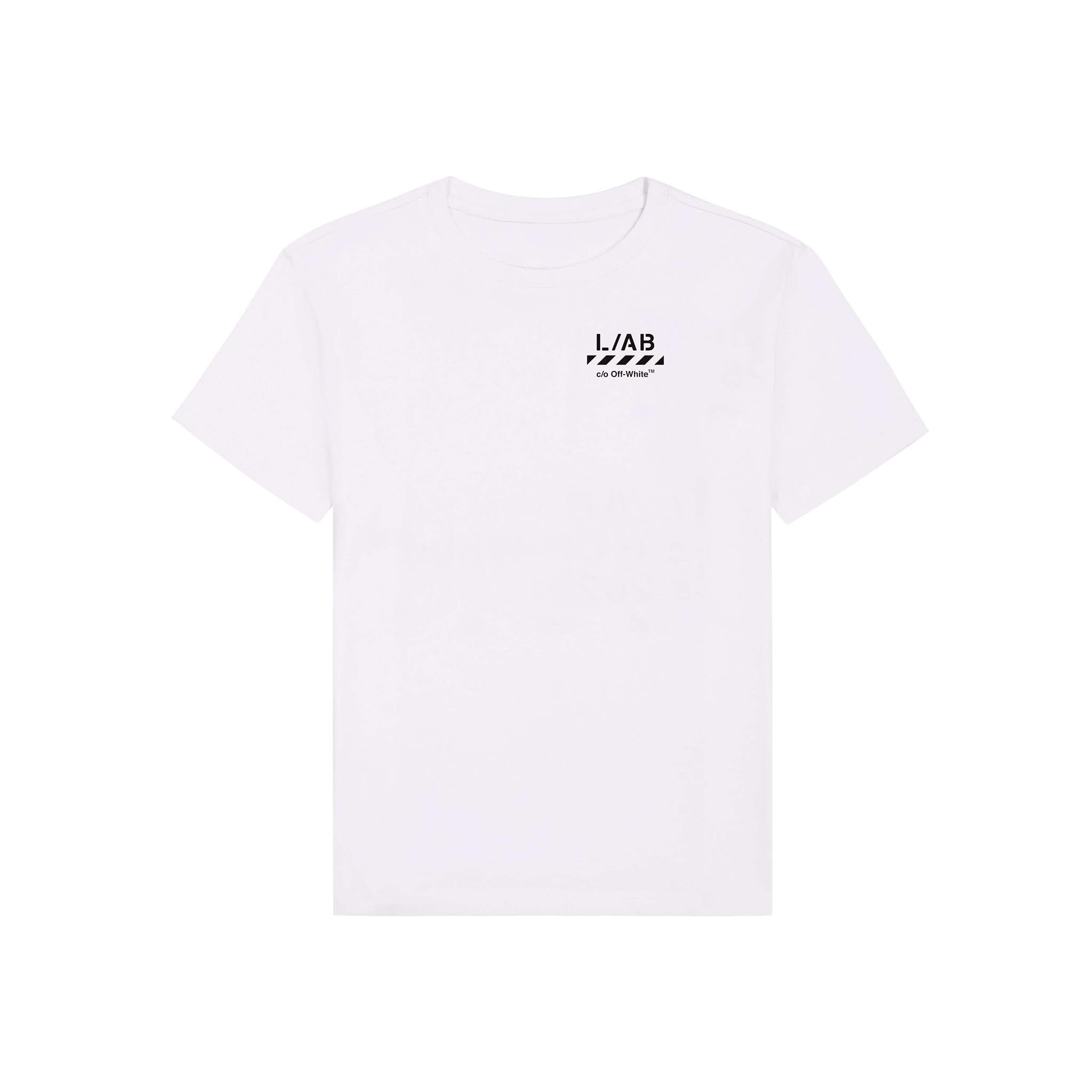 A white short-sleeve crewneck t-shirt with a small black 'L/AB