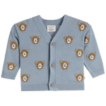 A baby's light blue knit cardigan sweater featuring embroidered teddy bear faces with anchor details, shown flat on a white background.