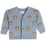 A baby's light blue knit cardigan sweater featuring embroidered teddy bear faces with anchor details, shown flat on a white background.