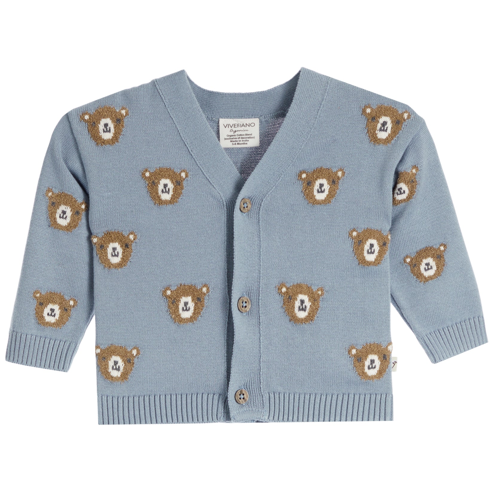 A baby's light blue knit cardigan sweater featuring embroidered teddy bear faces with anchor details, shown flat on a white background.