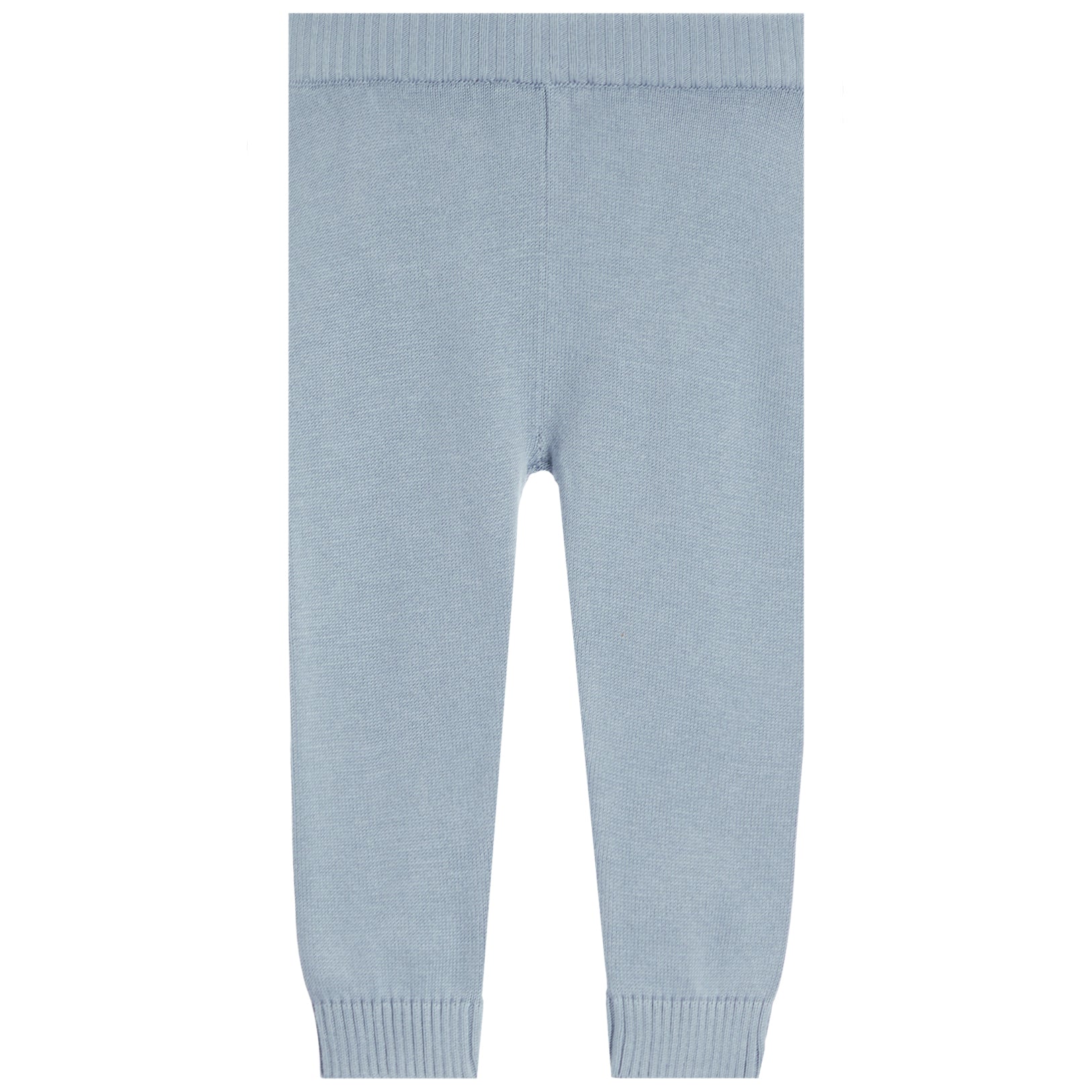 Light blue knit pants with ribbed waistband and ribbed ankle cuffs, shown flat against a white background.