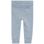 Light blue knit pants with an elastic waistband, ribbed ankle cuffs, and a single patch pocket on the back, shown against a plain white background.