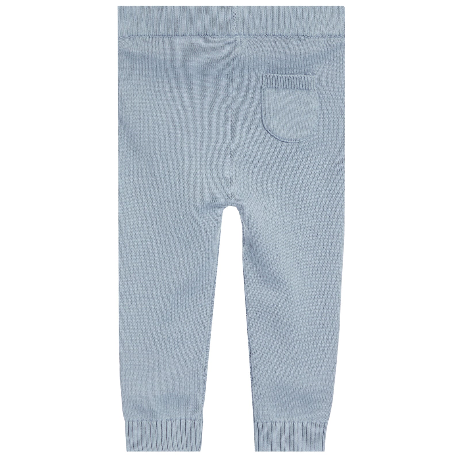 Light blue knit pants with an elastic waistband, ribbed ankle cuffs, and a single patch pocket on the back, shown against a plain white background.