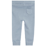 Light blue knit pants with an elastic waistband, ribbed ankle cuffs, and a single patch pocket on the back, shown against a plain white background.