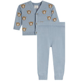 A baby two-piece knit set featuring a light blue cardigan with brown teddy bear face patterns and matching light blue pants, displayed on a solid white background.