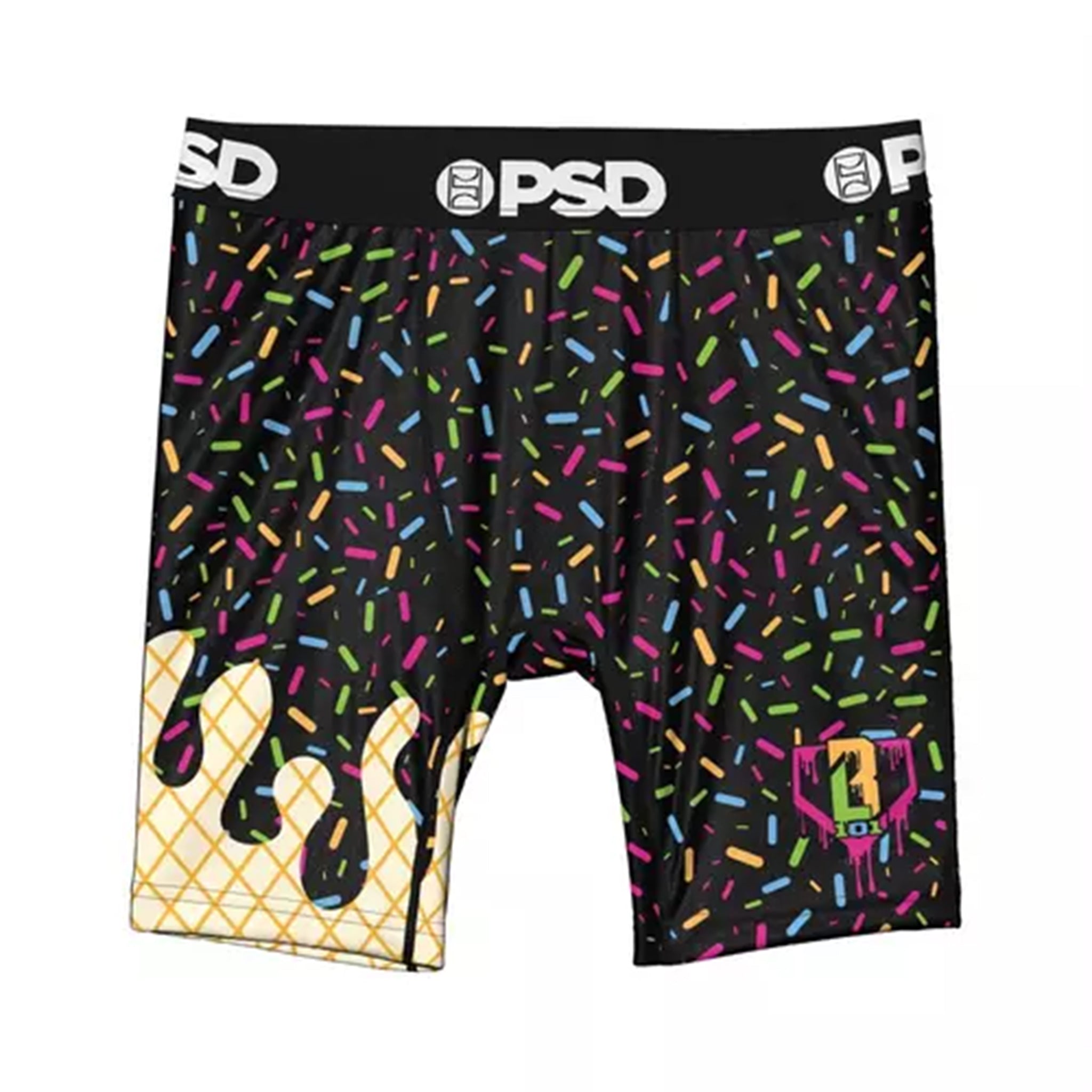 Black boxer briefs with a colorful sprinkle pattern, featuring a gold waffle texture on the left leg and a pink and yellow graphic on the right leg. The waistband is black with white 'PSD' branding.