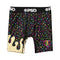 Black boxer briefs with a colorful sprinkle pattern, featuring a gold waffle texture on the left leg and a pink and yellow graphic on the right leg. The waistband is black with white 'PSD' branding.