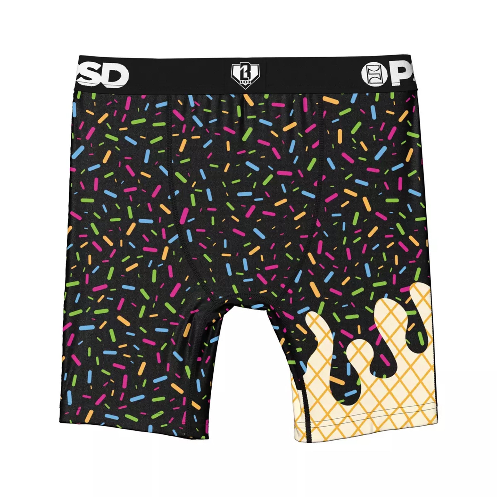Black boxer briefs with a colorful sprinkle pattern and a yellow ice cream cone graphic on the lower right leg, featuring a black waistband with white branding.