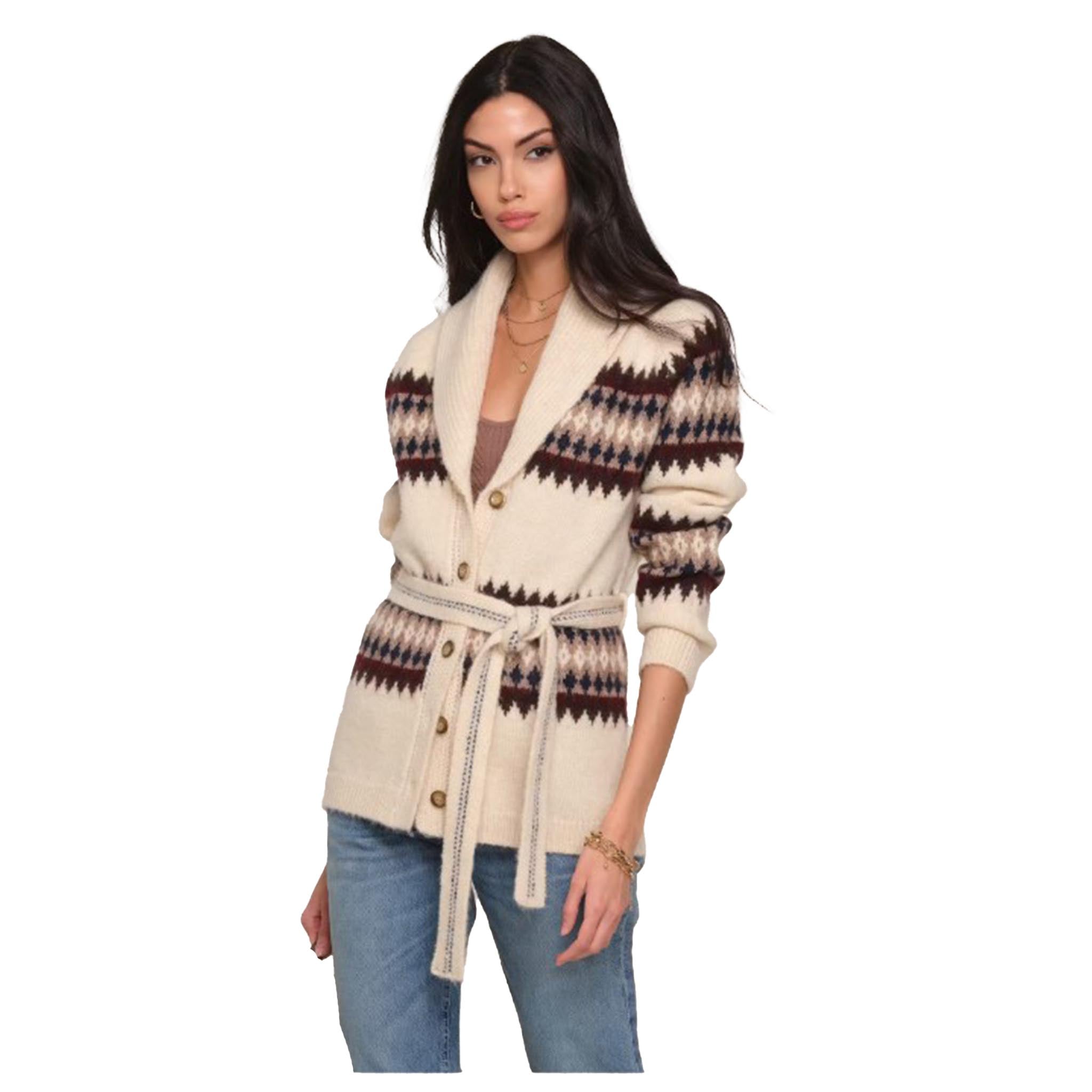 Crream knit cardigan with brown and navy geometric patterns, featuring a matching tie belt and front buttons