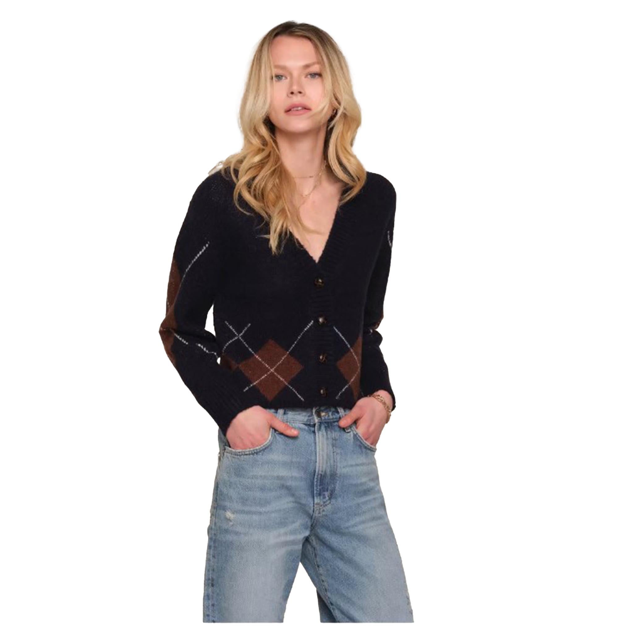 Black knit cardigan with brown and beige argyle patterns on the front and sleeves