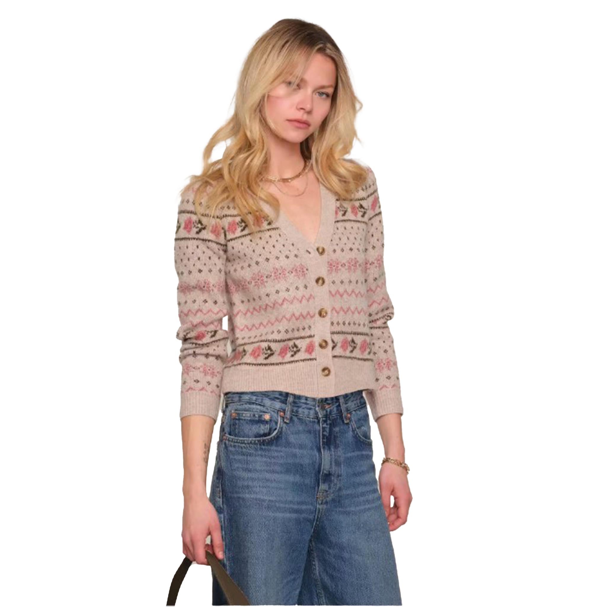 Beige knit cardigan with pink and brown Fair Isle patterns
