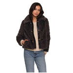 Dark brown faux fur shearling jacket with black trim and toggle closures