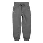 A pair of dark gray sweatpants with an elastic waistband, matching gray drawstring, side pockets, and ribbed ankle cuffs, shown against a plain white background.
