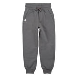 A pair of dark gray sweatpants with an elastic waistband, matching gray drawstring, side pockets, and ribbed ankle cuffs, shown against a plain white background.