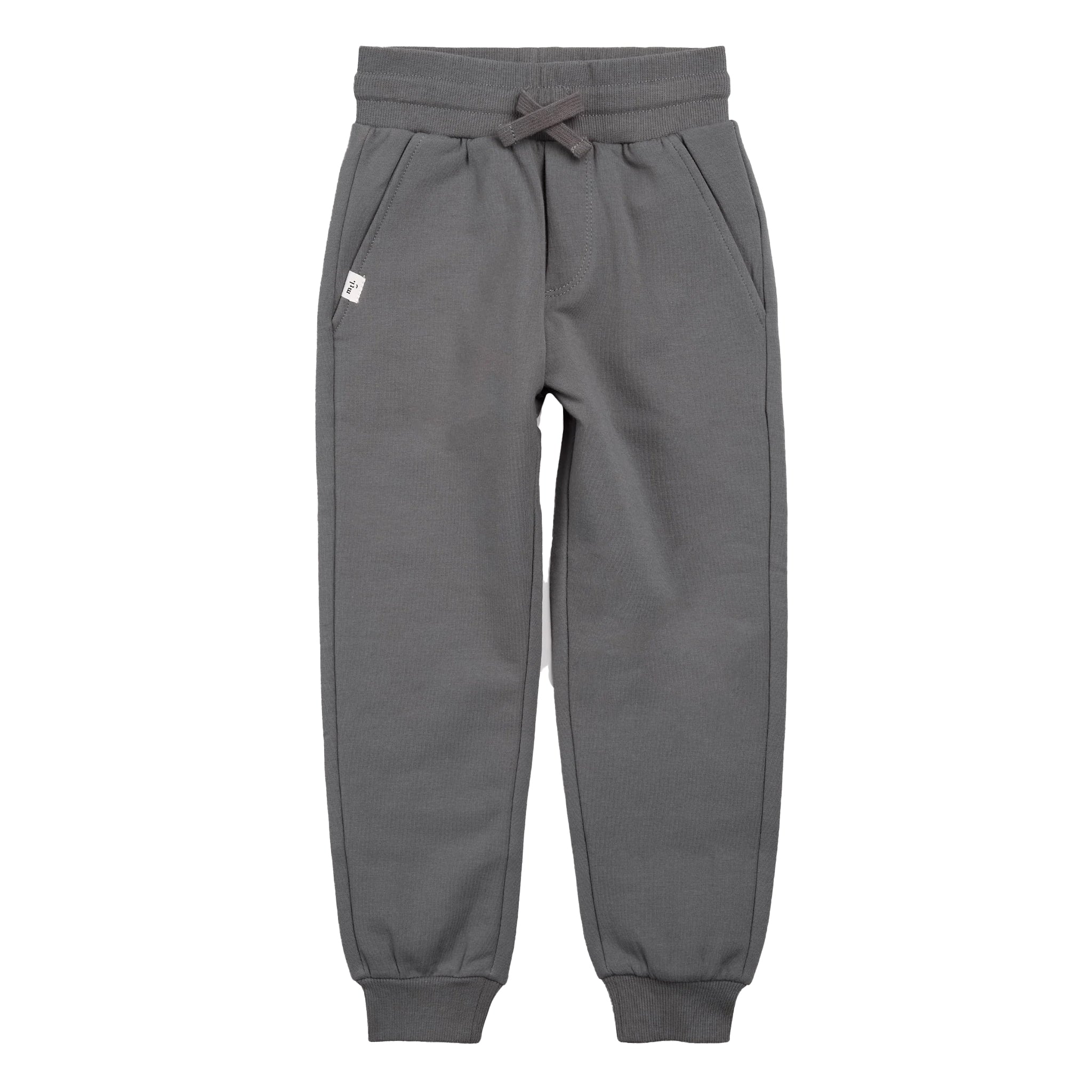 A pair of dark gray sweatpants with an elastic waistband, matching gray drawstring, side pockets, and ribbed ankle cuffs, shown against a plain white background.