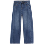 A pair of high-waisted, wide-leg blue denim jeans with contrast stitching and patch pockets on the front legs, shown against a plain white background.