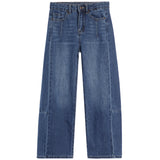A pair of high-waisted, wide-leg blue denim jeans with contrast stitching and patch pockets on the front legs, shown against a plain white background.
